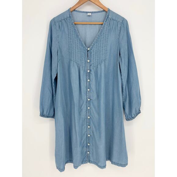 Old Navy Chambray Pleated V-Neck Button Front Swing Dress Size M - Picture 2 of 7